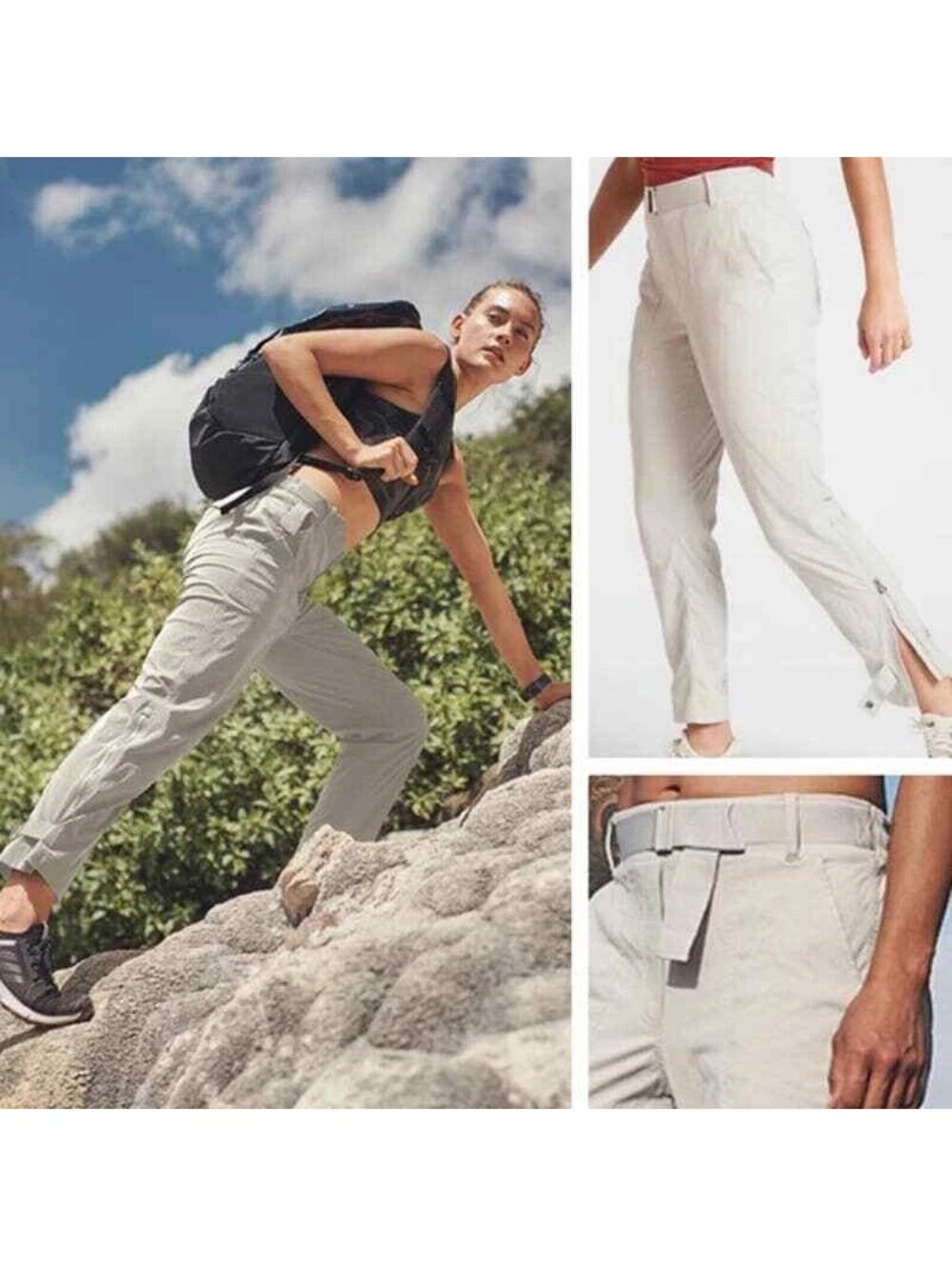 Athleta Trekkie pants size 12 tan oat belted hiking outdoor casual nylon